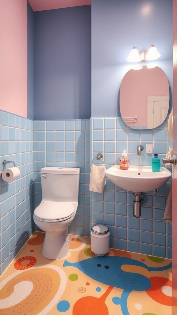 Colorful kids bathroom with playful flooring and blue tiles