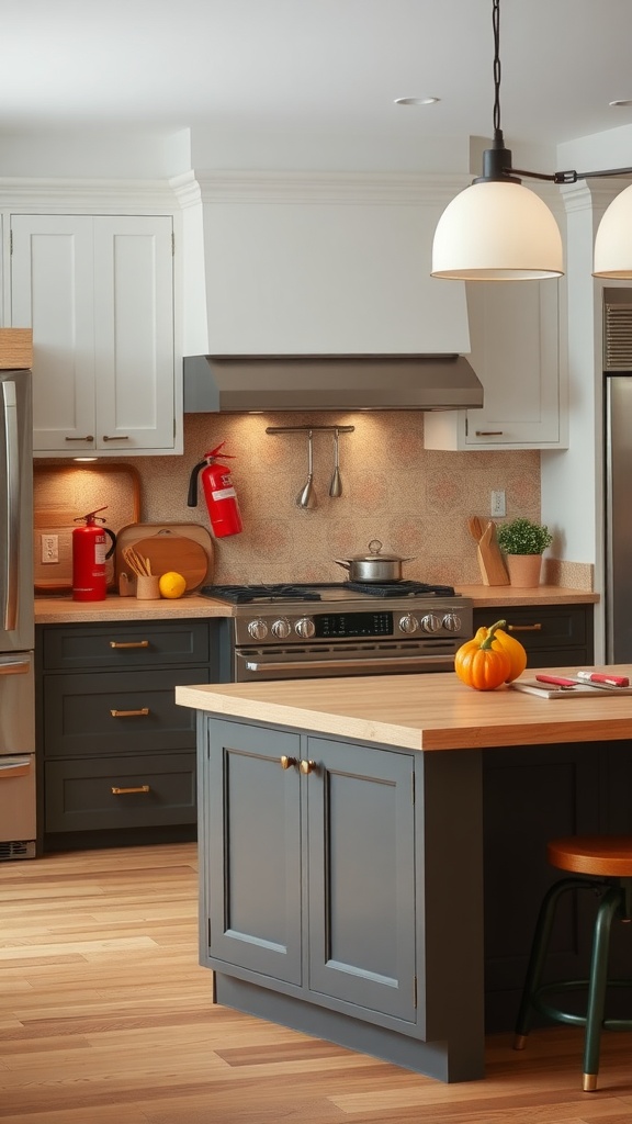 Modern kitchen with an island stove, featuring fire extinguishers and a range hood for safety.