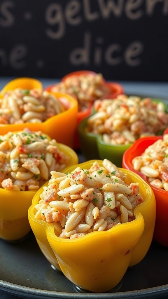 A colorful assortment of bell peppers stuffed with a creamy salmon and orzo mixture.