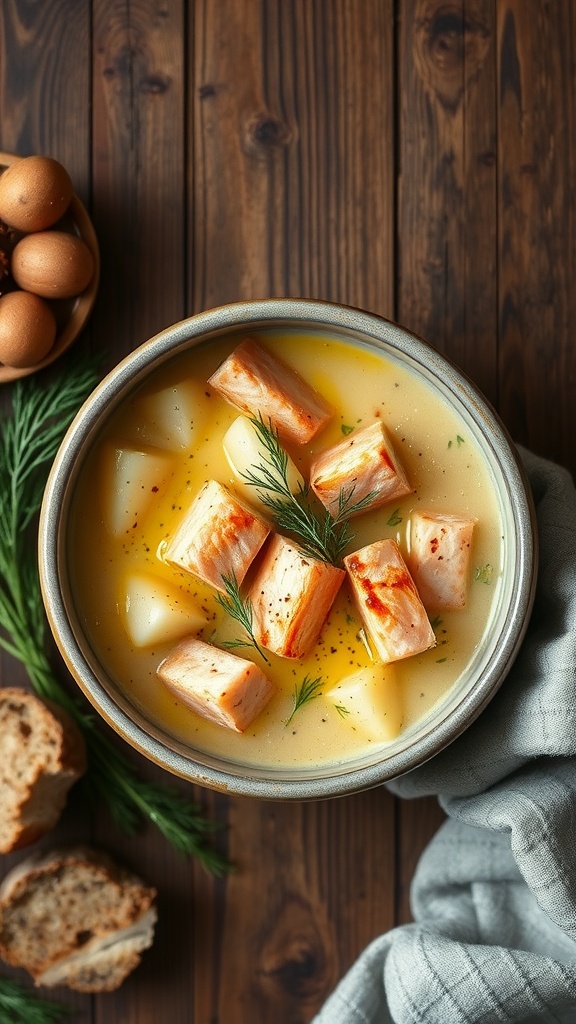 A bowl of salmon chowder with chunks of salmon and potatoes, garnished with fresh dill, beside a plate of eggs and slices of bread on a wooden table.