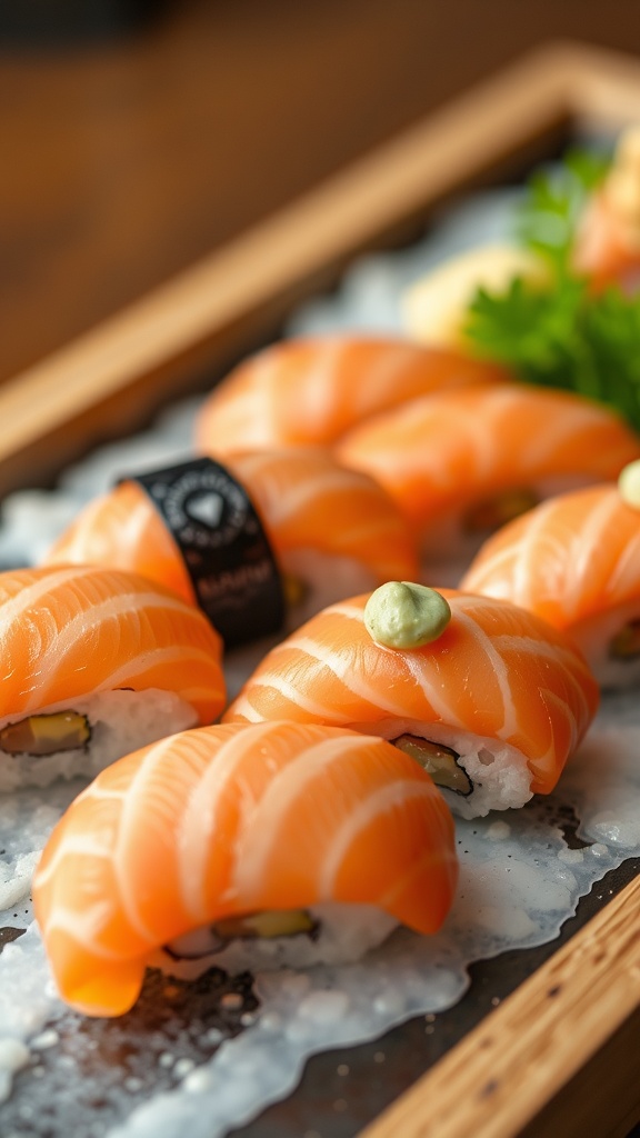 Delicious salmon nigiri served with wasabi and pickled ginger