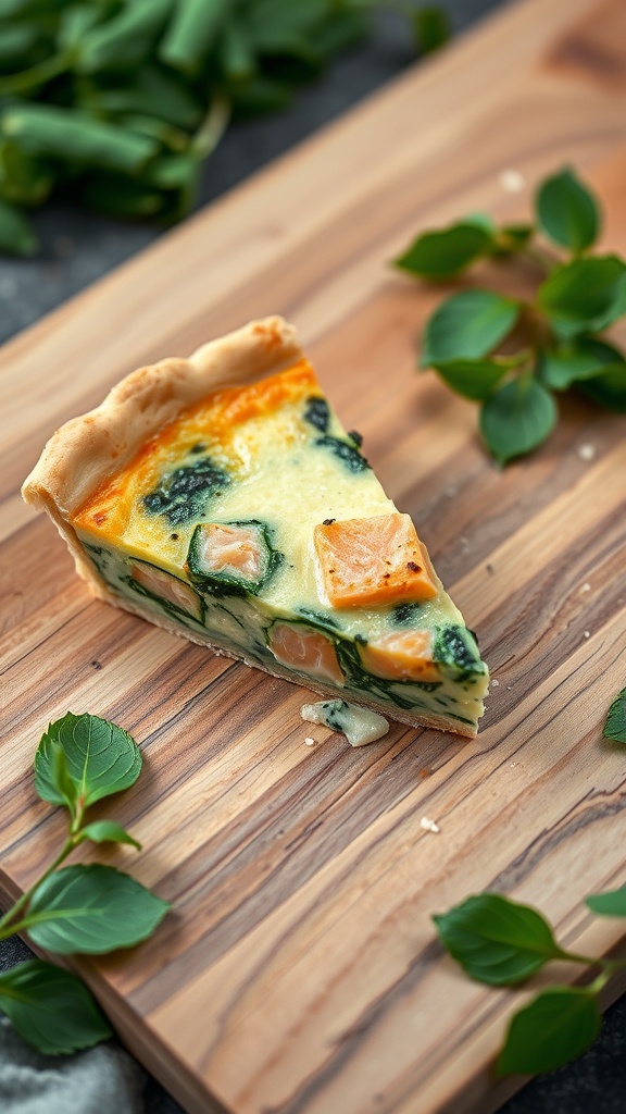 A slice of salmon quiche with spinach on a wooden board, garnished with fresh herbs.