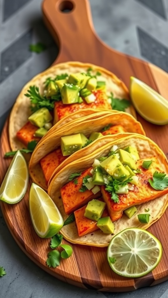 Three salmon tacos topped with avocado salsa on a wooden serving board, with lime wedges on the side.