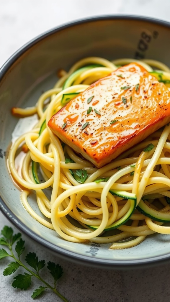 A dish of salmon served over zucchini noodles garnished with parsley.
