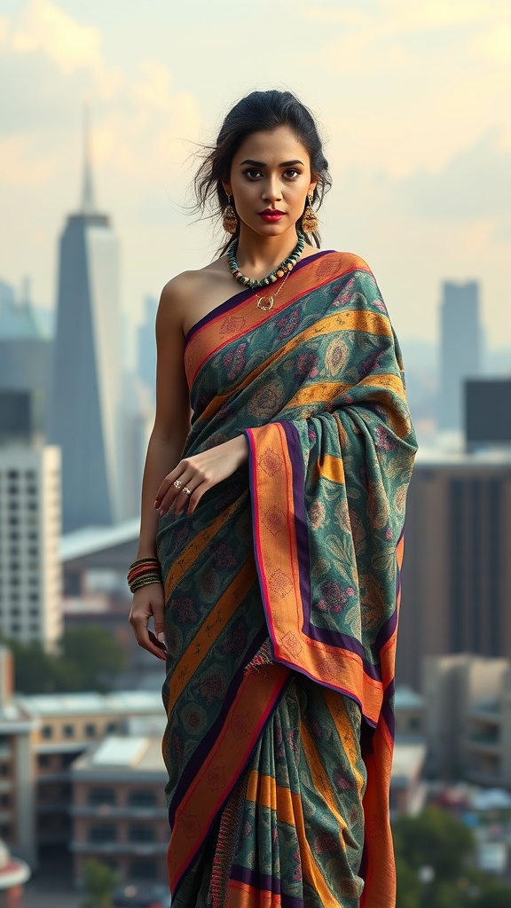 A woman wearing a modern saree against a city skyline backdrop.