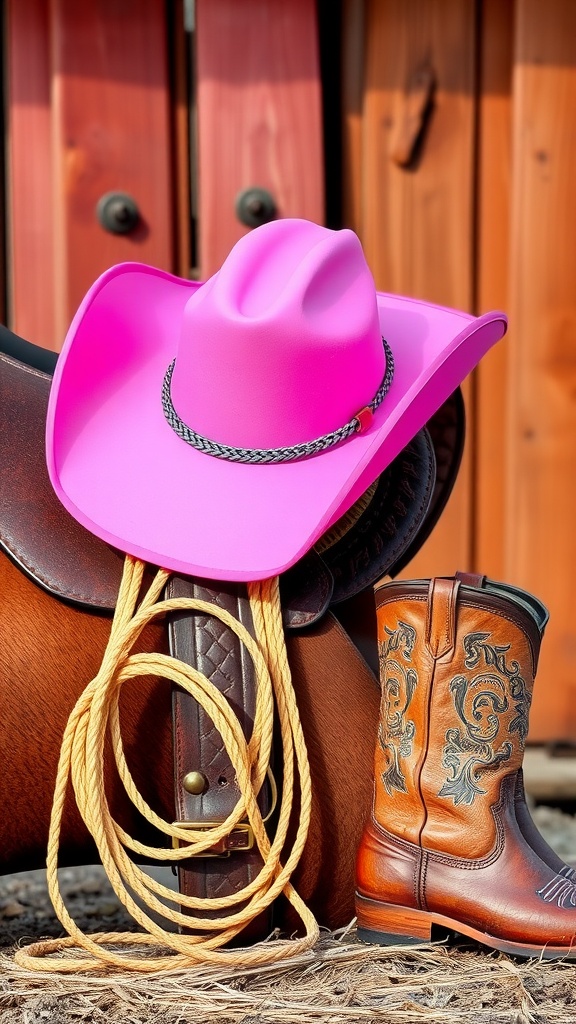 A bright pink cowboy hat resting on a saddle next to a lasso and a brown cowboy boot.