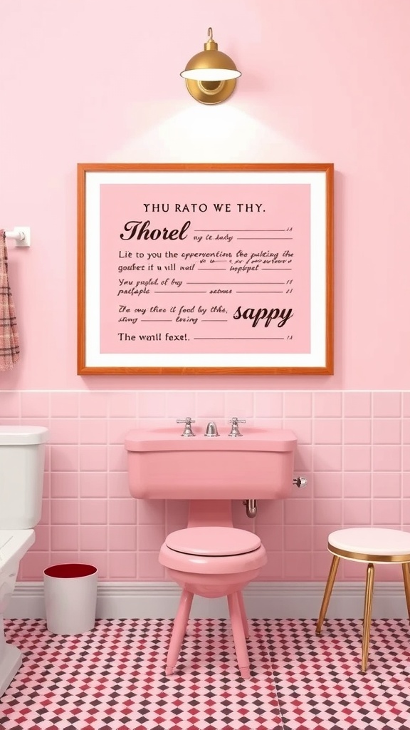 A pink retro bathroom with sassy wall art featuring playful typography.