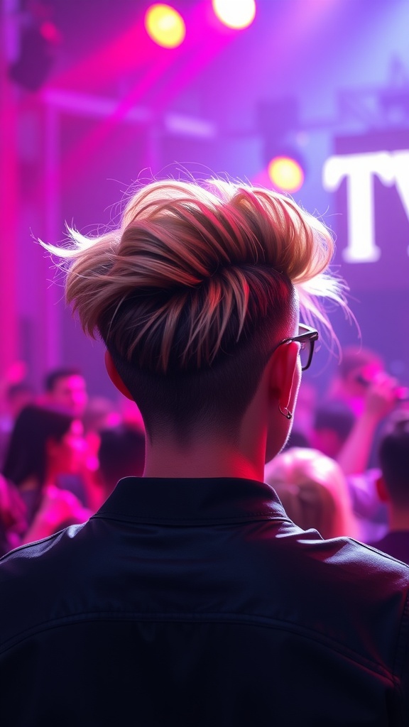 A person showing a sassy pompadour hairstyle from the back, with a messy back and stylish sunglasses, amidst a vibrant party atmosphere.