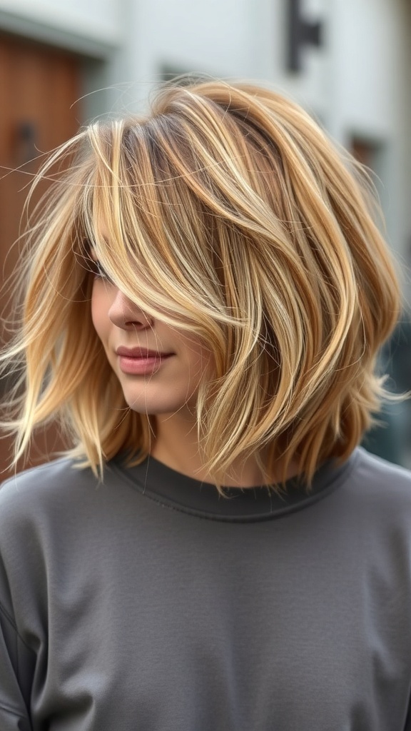 A woman with a sassy shag cut, featuring layered blonde hair with highlights.