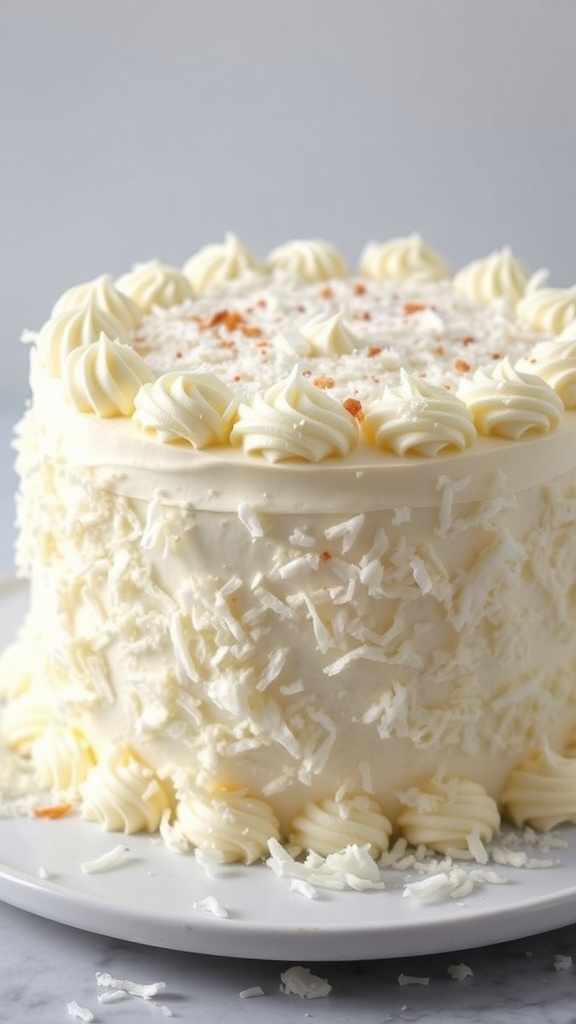 A beautifully decorated coconut cream cake with frosting and shredded coconut on top.
