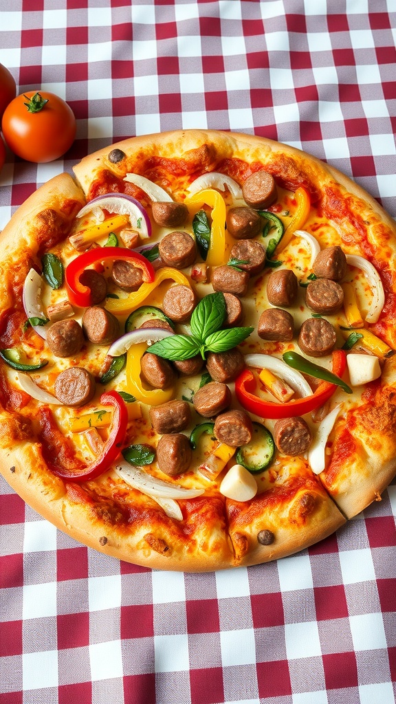 Sausage and peppers pizza on a checkered tablecloth.