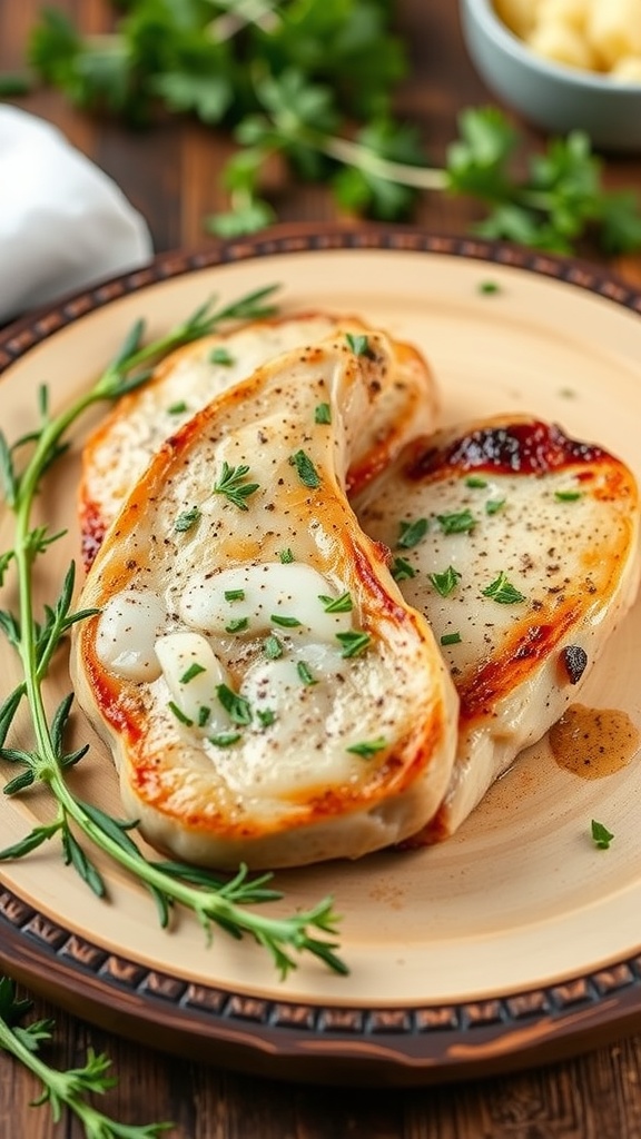 Savory garlic herb boneless pork chops on a plate with herbs