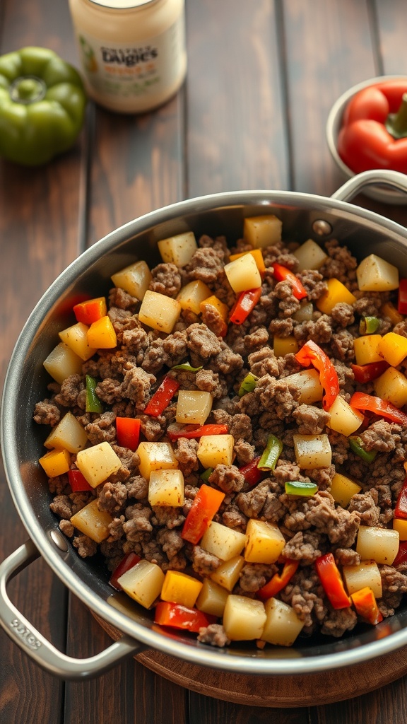 A skillet with a mixture of ground beef, diced potatoes, and colorful bell peppers.