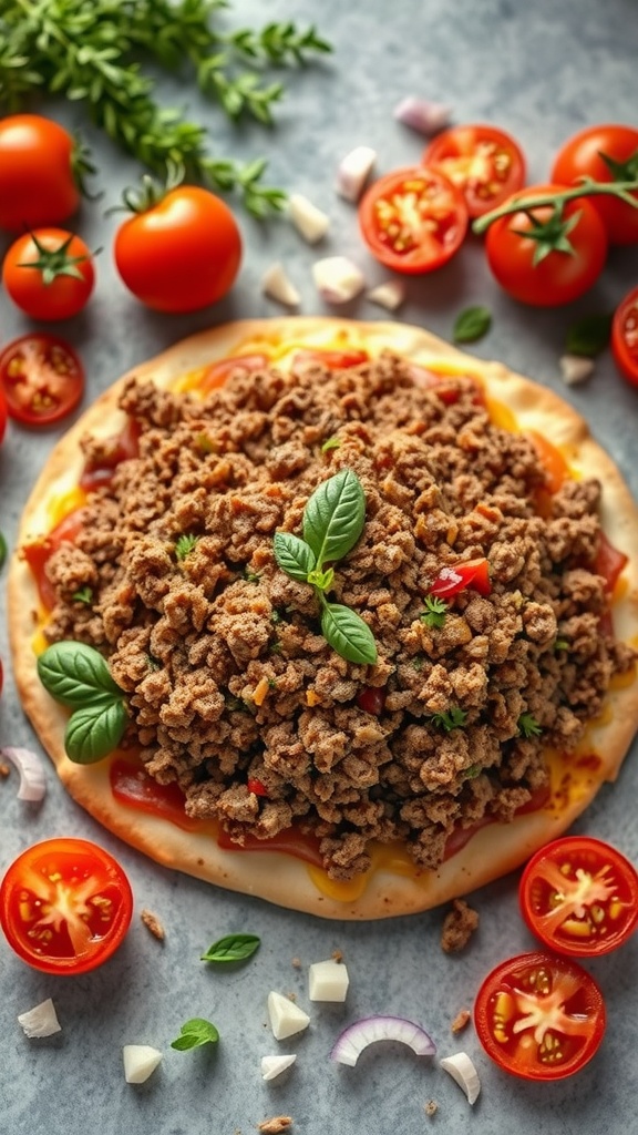 Savory ground beef topping for a Mexican pizza