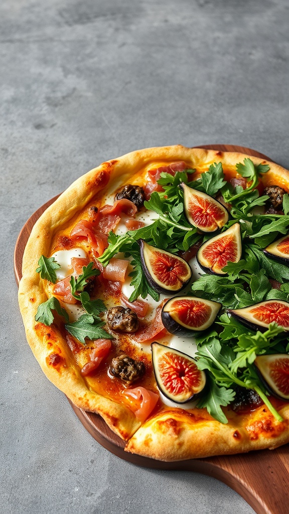 A delicious pizza topped with prosciutto, fresh figs, mozzarella, and arugula.