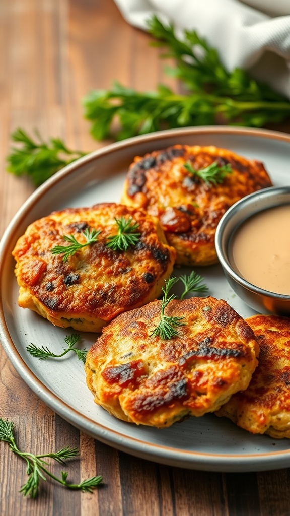 Savory salmon cakes garnished with dill on a plate