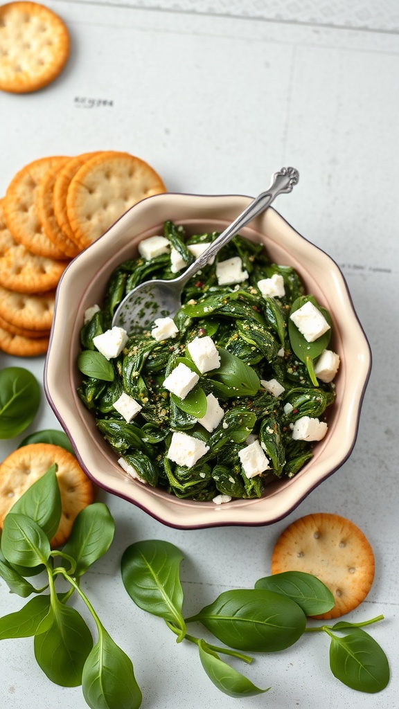 A bowl of spinach and feta cheese dip with crackers on the side.
