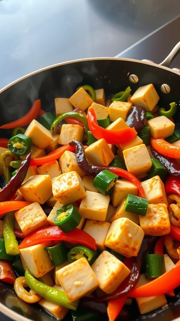 A colorful tofu stir-fry with vibrant vegetables in a skillet.