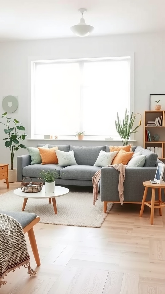 A stylish Scandinavian inspired grey living room featuring a grey sofa with colorful cushions, wooden furniture, and plants.