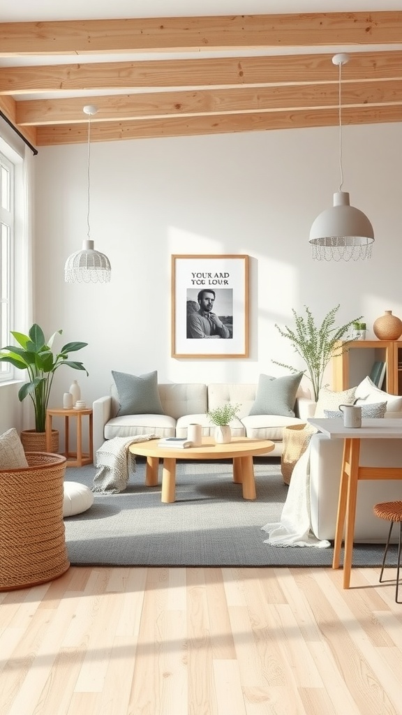 A cozy Scandinavian living room featuring light wood beams, neutral colors, and plants.