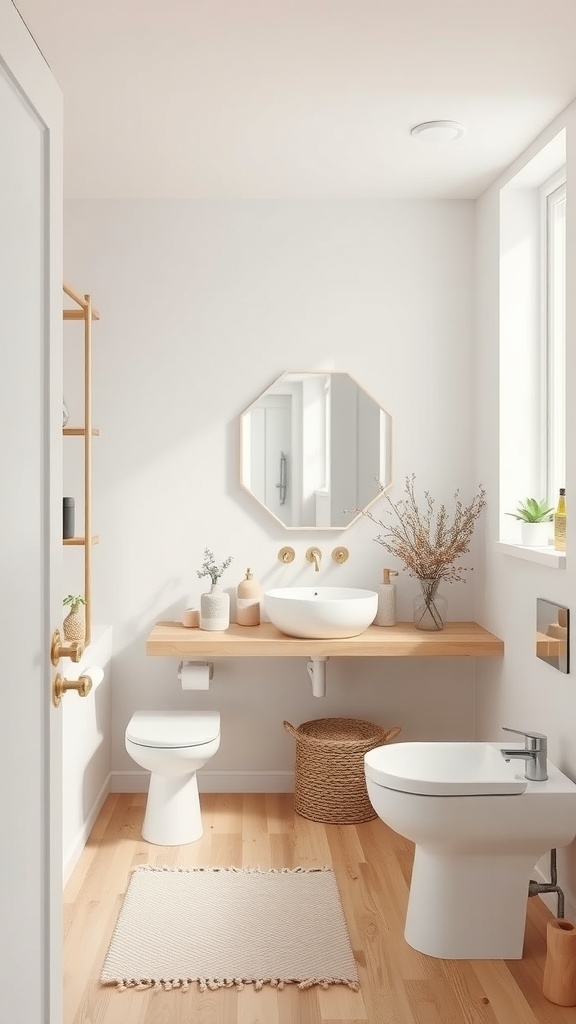 A bright Scandinavian-style bathroom with minimalistic design, featuring wooden accents and clean lines.