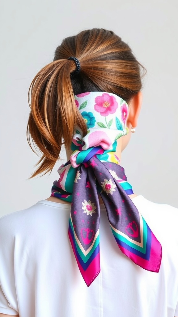 A stylish ponytail decorated with a colorful scarf, showcasing floral patterns.