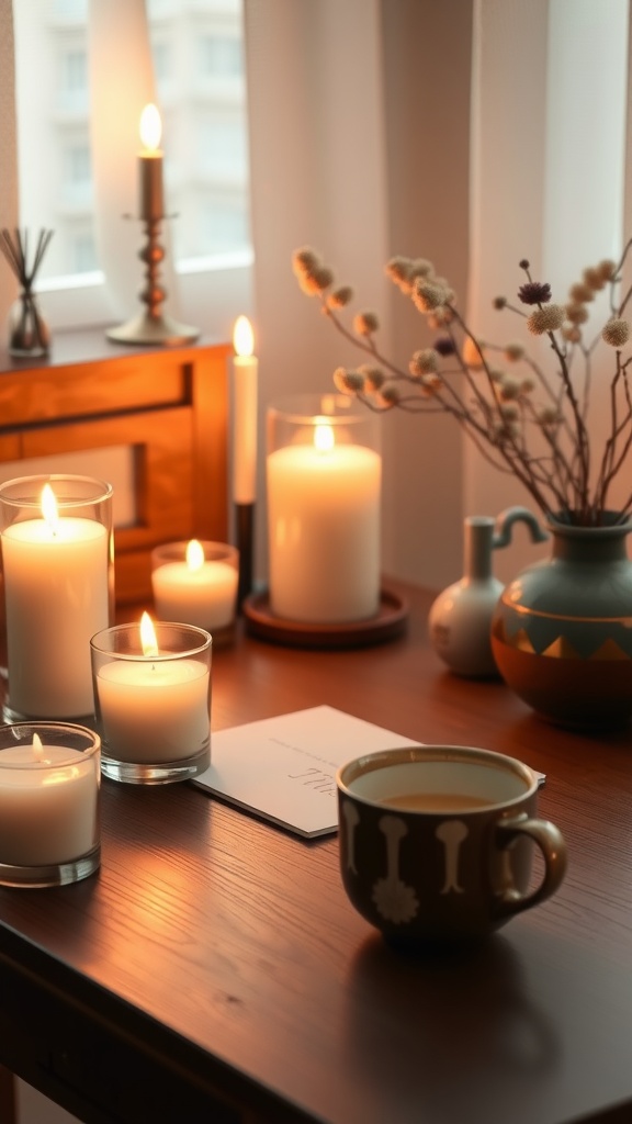 A cozy office desk with various scented candles, a cup of coffee, and a decorative vase.