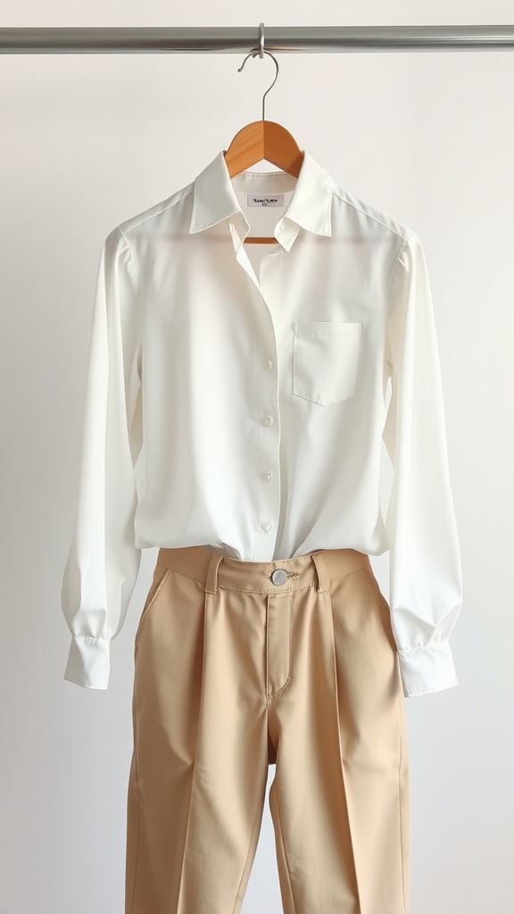 A seamless white blouse with a pocket paired with beige chinos, hanging on a rack.