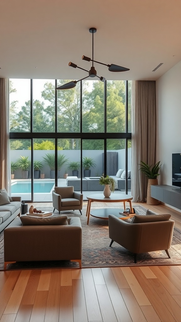 A luxurious living room with large glass windows opening to an outdoor pool area.