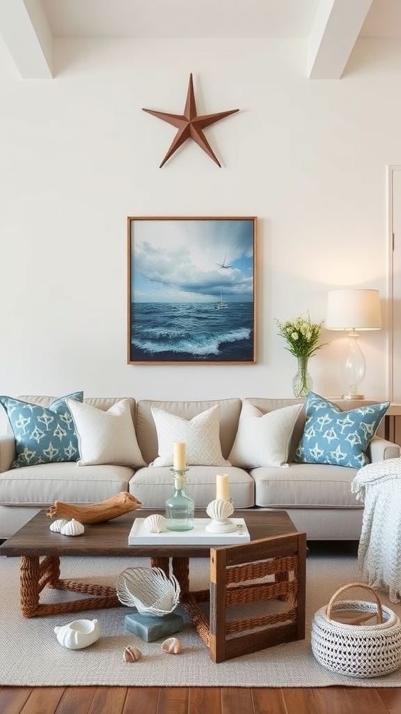 A coastal casual living room with a soft color palette, starfish decor, seashells, and a wooden coffee table.