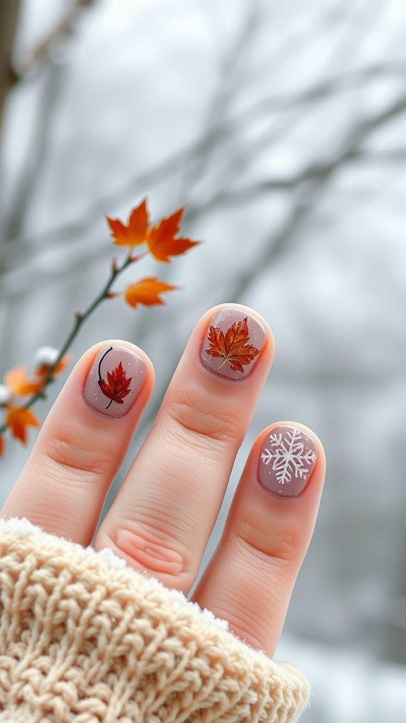Close-up of square nails with autumn leaf and winter snowflake designs