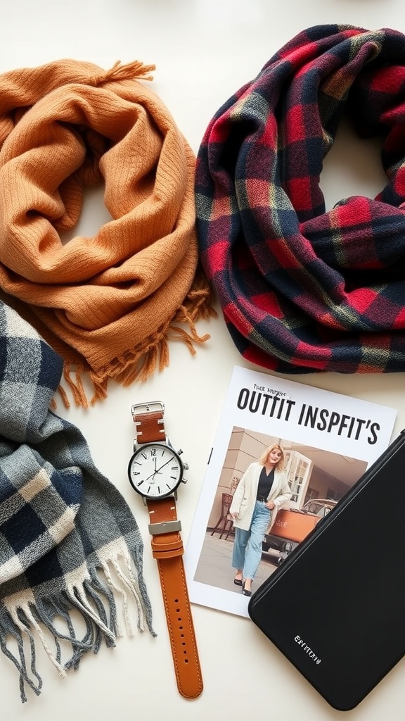 A cozy orange scarf, a plaid scarf, a stylish watch, and an outfit inspiration magazine laid out on a table.