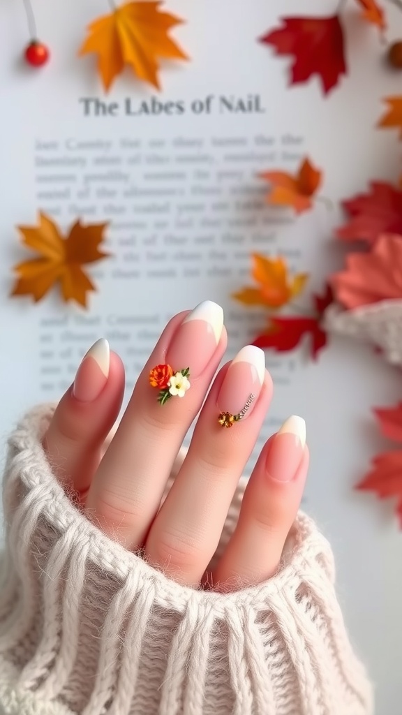 Light pink chrome almond nails with floral designs, set against autumn leaves and a cozy sweater.