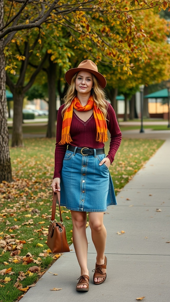 A woman wearing a short denim skirt with a burgundy sweater and an orange scarf, walking on a path lined with autumn trees.