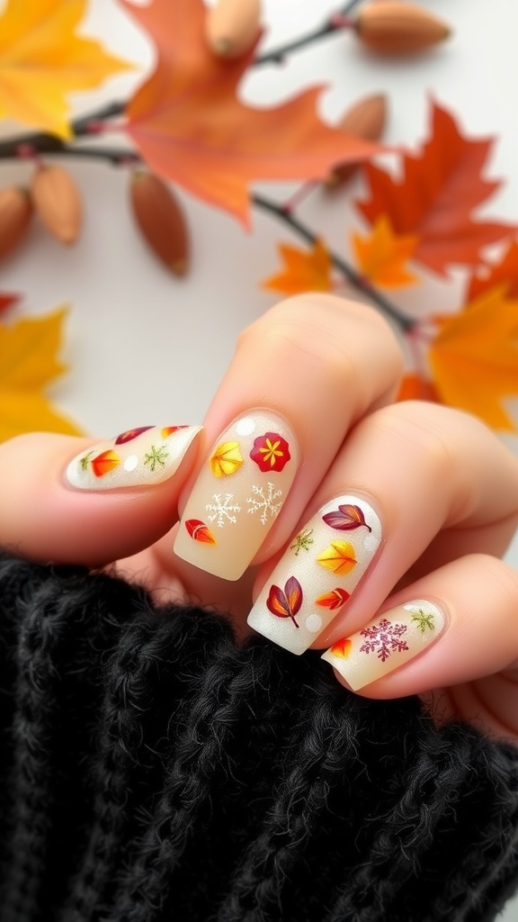 Almond nails with colorful autumn leaves and snowflakes design