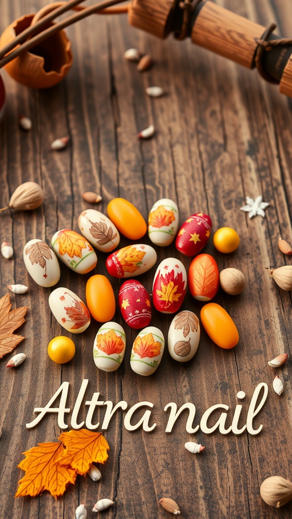 A collection of almond-shaped nails featuring fall leaf designs and warm colors on a wooden background.