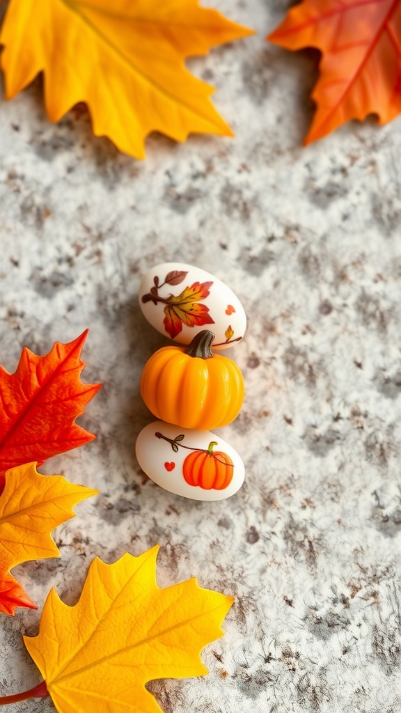 Autumn-themed almond nail designs featuring pumpkins and colorful leaves.
