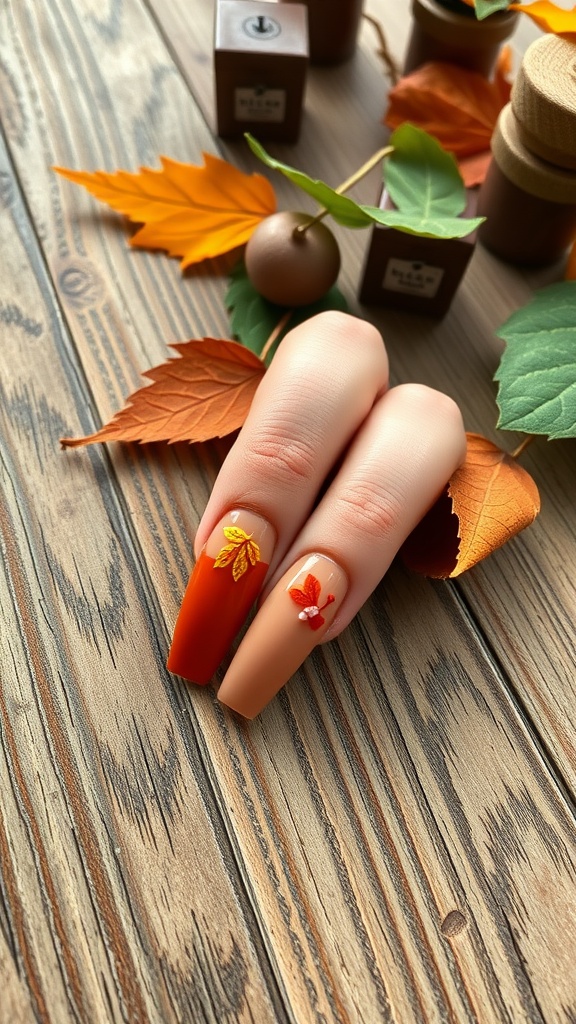 Long autumn-themed nails with orange and nude colors and leaf and butterfly designs.