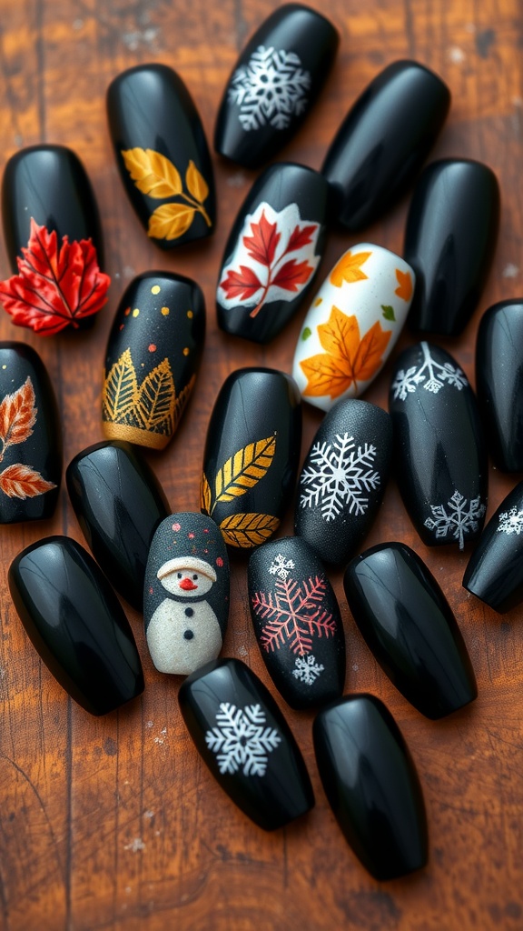 A collection of black almond-shaped nails featuring seasonal designs, including autumn leaves and winter snowflakes.