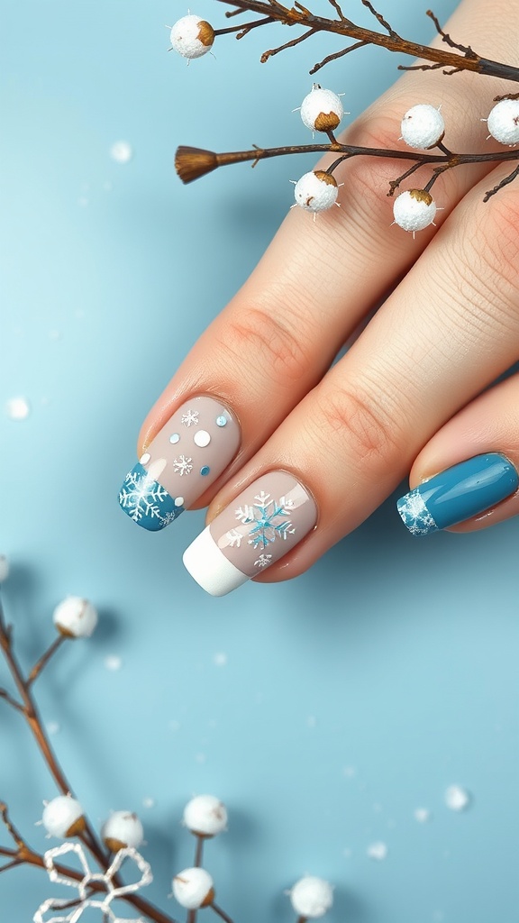 Seasonal blue French tip nails with snowflake designs on a light background
