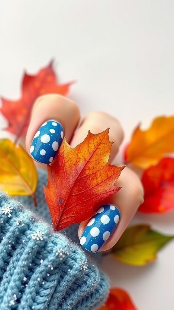 A hand with blue polka dot nails holding a colorful autumn leaf.