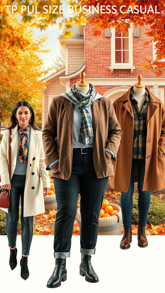 Three plus-size business casual outfits displayed in an autumn setting