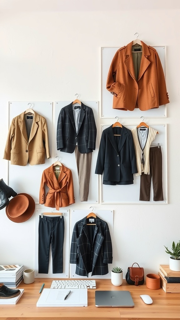 A display of business casual outfits including blazers, trousers, and accessories arranged on a wall.