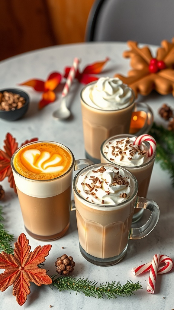 A festive coffee bar featuring seasonal drinks like pumpkin spice latte and peppermint mocha, decorated with autumn leaves and candy canes.