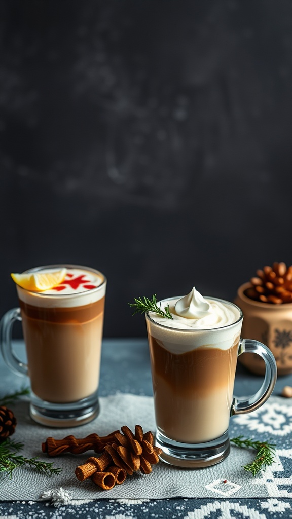 Two seasonal coffee drinks with festive decorations, including one topped with a lemon slice and the other with cream and greenery.