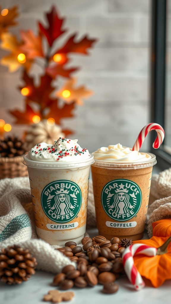 Two seasonal coffee drinks with festive decorations, featuring a candy cane and whipped cream topped with sprinkles.