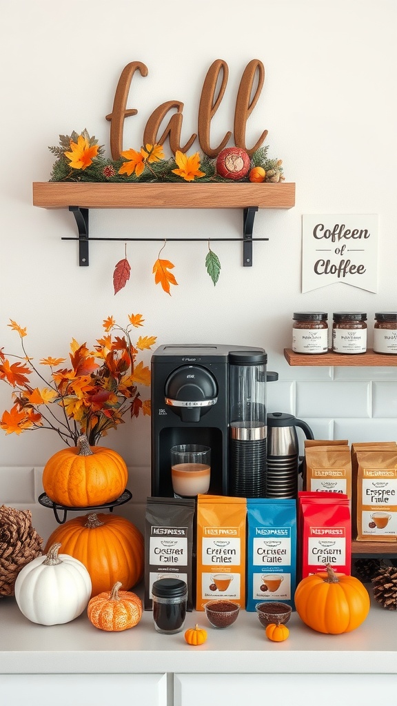 A cozy fall-themed coffee station with Nespresso machine, pumpkins, and autumn decorations.