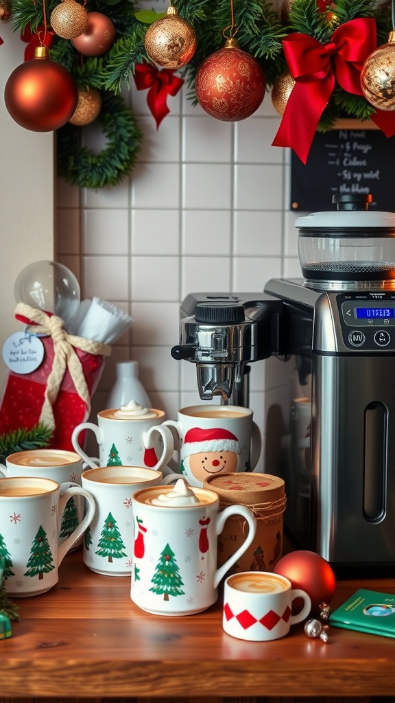 A festive coffee station decorated for the holiday season with themed mugs and ornaments.