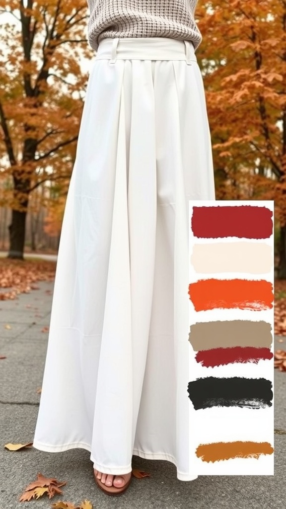 A person wearing a white maxi skirt and a knit sweater in an autumn setting with colorful leaves.