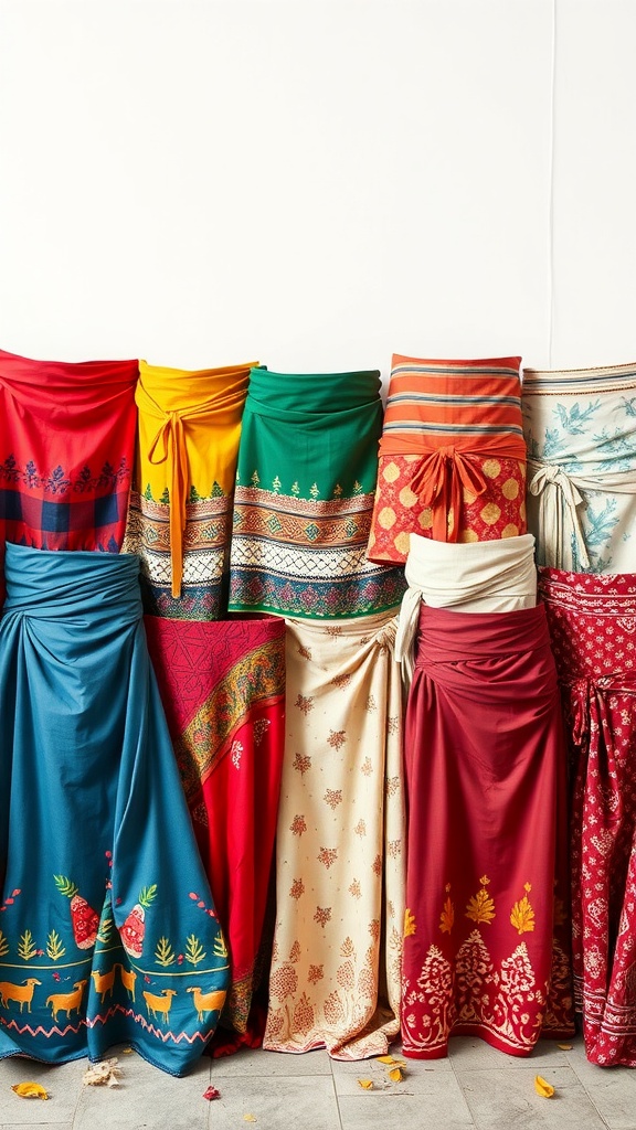 A collection of colorful wrap skirts displayed in various patterns and designs.